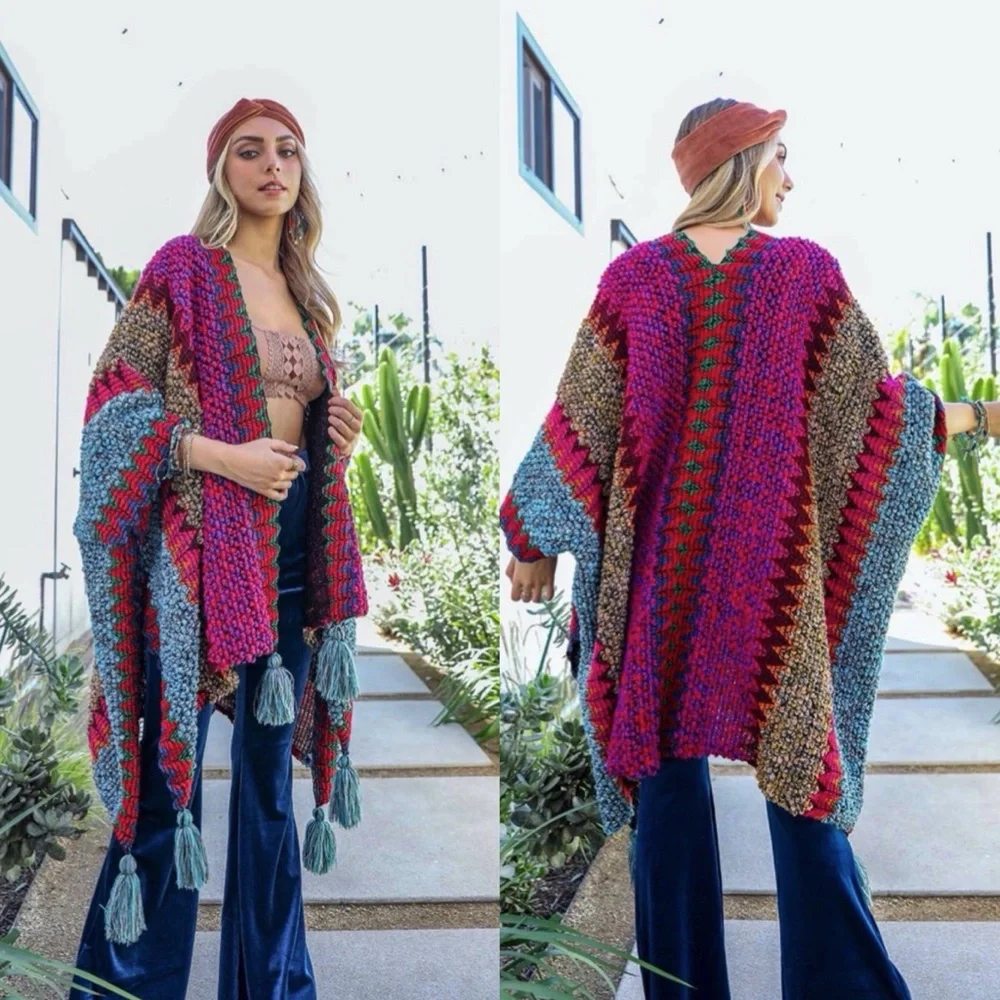 Couture Gypsy | Sweaters | Boho Cobalt Blue Multicolor Tassel Poncho ...